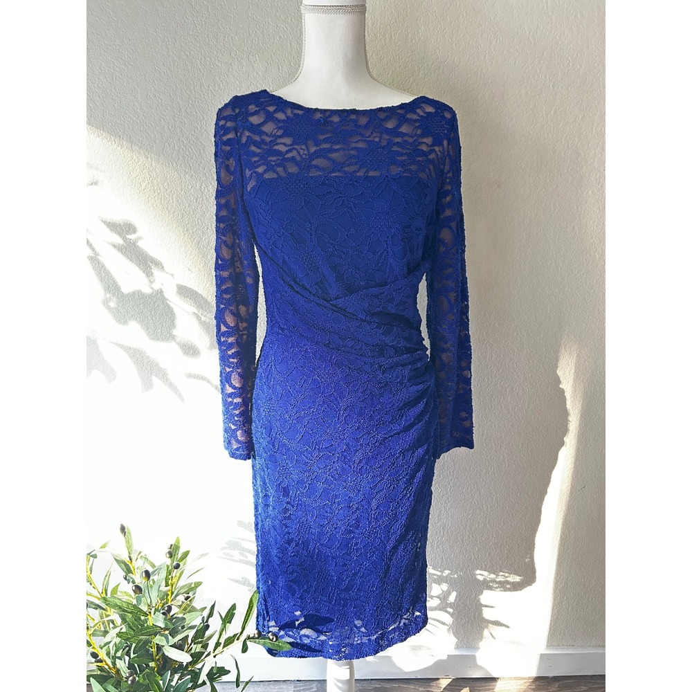 Lauren Ralph Lauren Royal Blue Lace Ruched Sheath Dress Long Sleeve Size 6